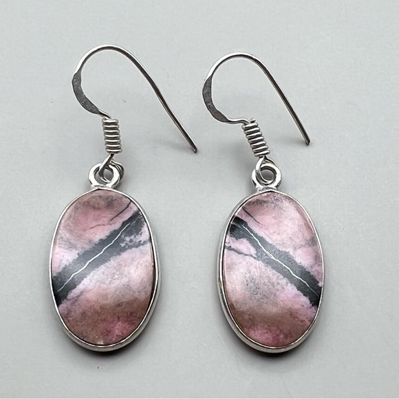 New Rhodonite Stone Silver Overlay Hook Earrings - Picture 2 of 6